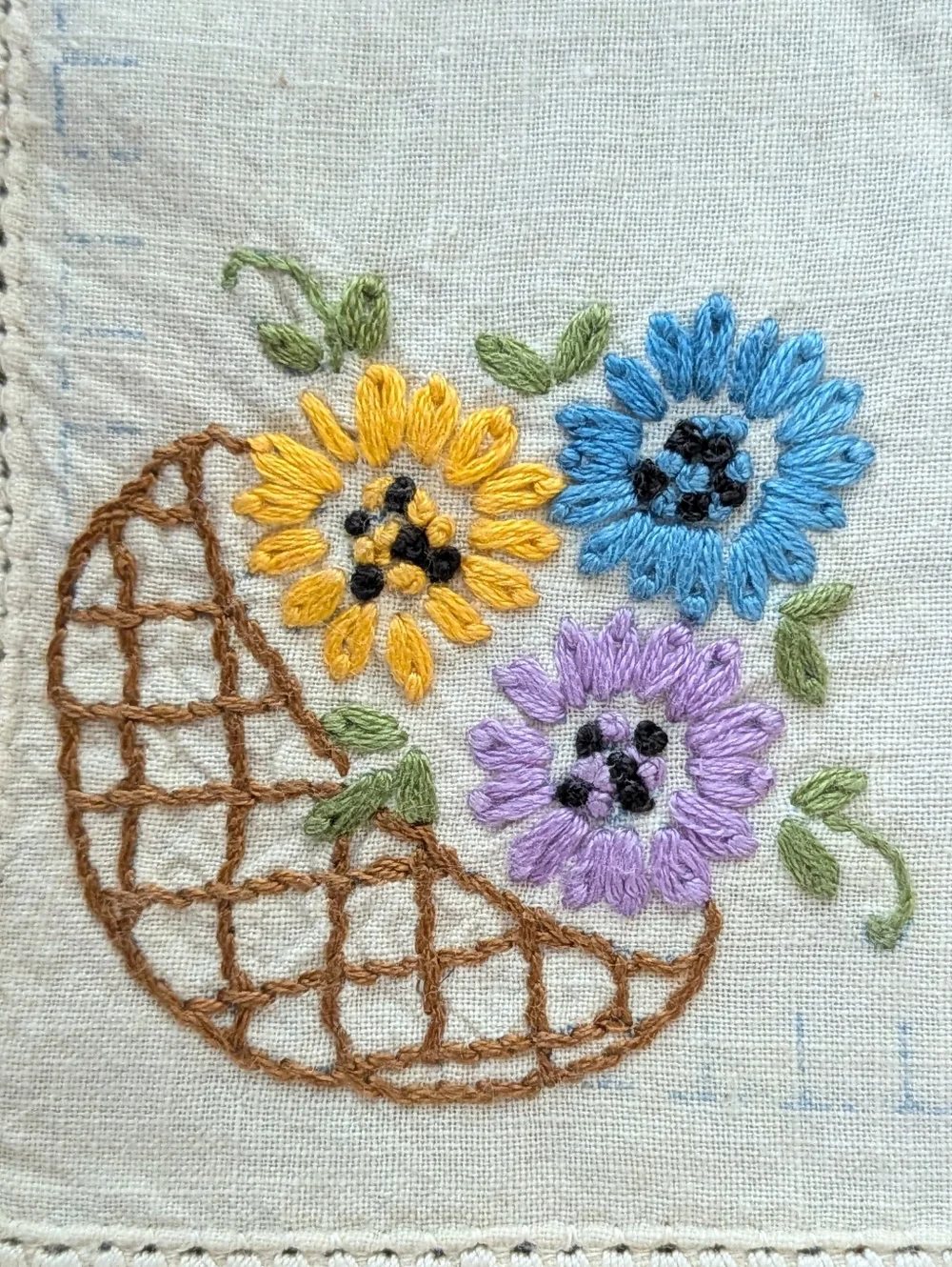 Vintage Hand Embroidered Line Napkins Set 4 Cottagecore Floral Basket 11x11